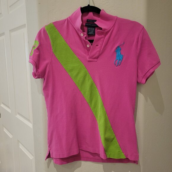 RALPH LAUREN The Skinny Polo - Pink with green stripe - Size: L - Picture 1 of 8
